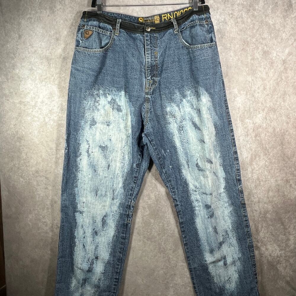 Akademiks Jeans Mens 42‎ Blue Medium Wash Denim Straight Leather Trim Baggy